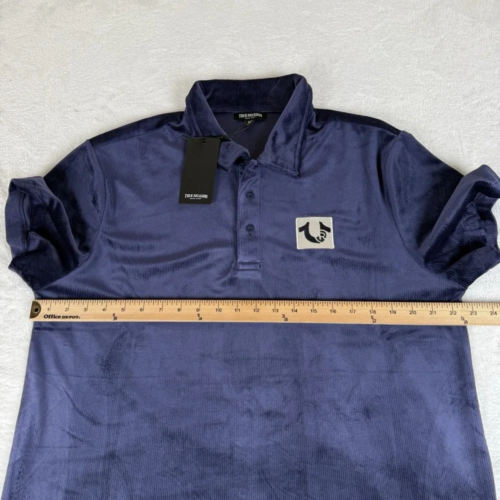 True Religion Velour Polo Shirt Men's Medium Eclipse Blue Short Sleeve New $99